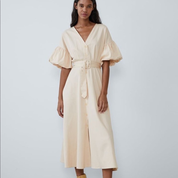 Zara Dresses & Skirts - ZARA Cream V Neck Puffed Voluminous Dress W/ Belt